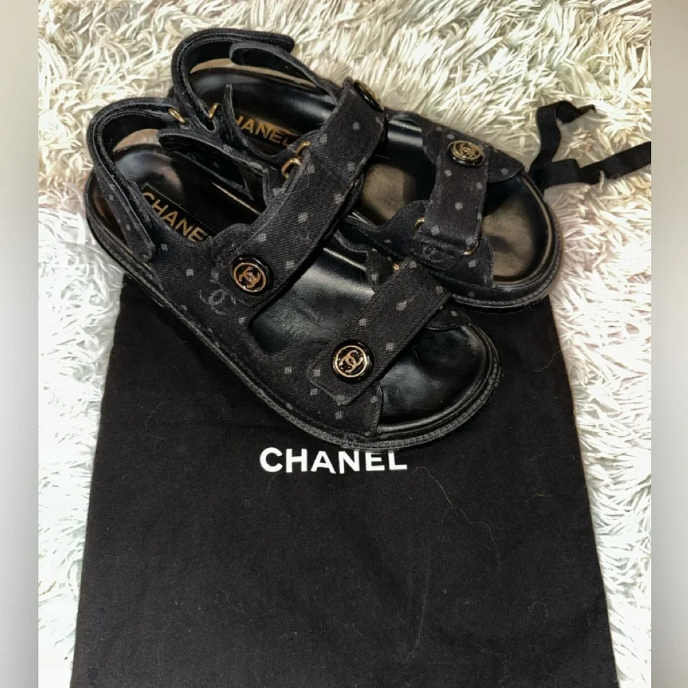 Authentic Chanel CC Logo Slingback Dad Sandals in Black Denim Size 39 - Picture 2 of 16